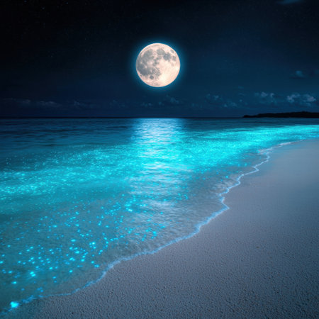 Serene moonlit beach scene with glowing wavesの素材