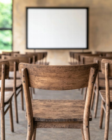 empty classroom with wooden chairs and projection screenの素材