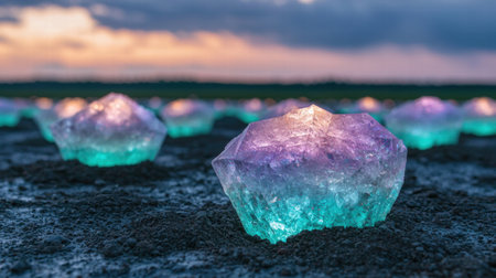 Glowing crystals on a beach at sunsetの素材