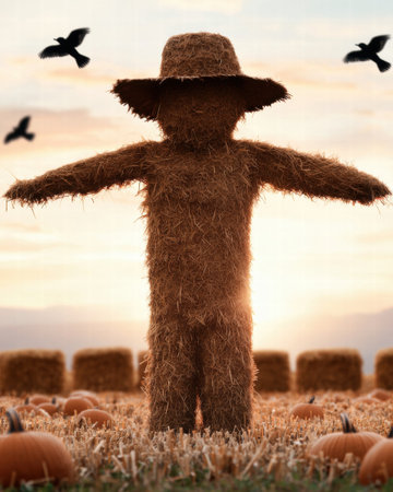 Scarecrow in a pumpkin field at sunsetの素材
