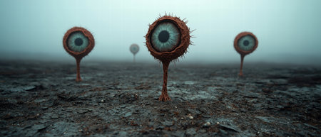 Surreal eye-like structures in a desolate landscapeの素材