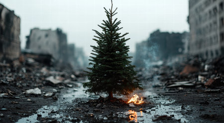 Lonely christmas tree in a post-apocalyptic landscapeの素材
