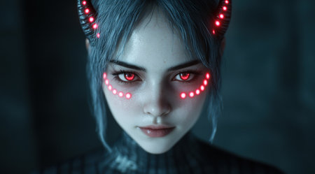 Mysterious cyborg woman with glowing red eyesの素材