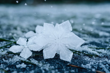 Intricate snowflake on snowy groundの素材