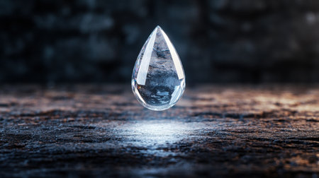 Glowing crystal water droplet on dark surfaceの素材