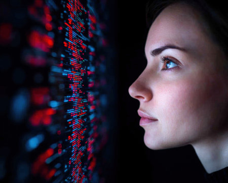 Captivating woman gazing into digital displayの素材