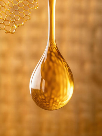 golden honey dripping from a glass jarの素材
