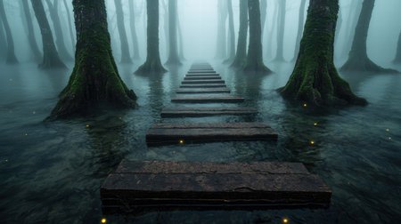 Mysterious forest path leading through misty woodsの素材