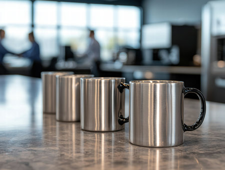 stainless steel mugs on office counterの素材