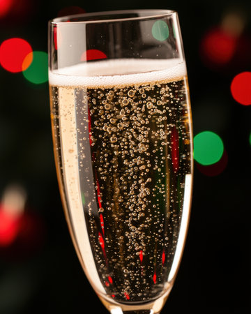 Sparkling champagne glass with holiday lightsの素材