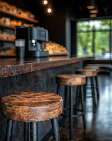 Cozy cafe interior with rustic wooden furniture and natural lightingの素材