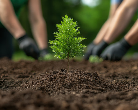 Planting a young tree in soilの素材