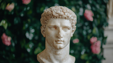 Marble bust of a classical figure in a gardenの素材