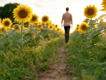 person walking through a sunflower fieldの素材