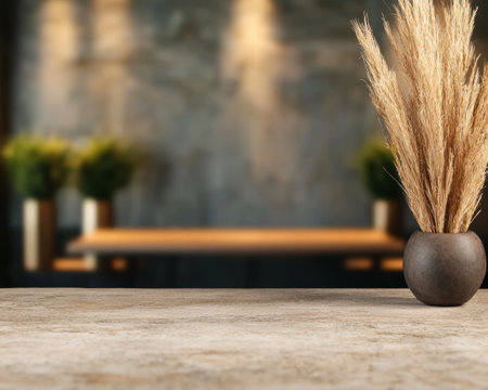 Minimalist home decor with wooden shelf and vase of dried flowersの素材
