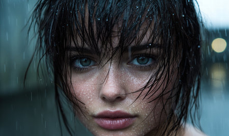 Mysterious woman with wet hair and intense gazeの素材