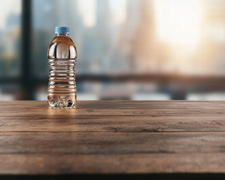 plastic water bottle on wooden tableの素材