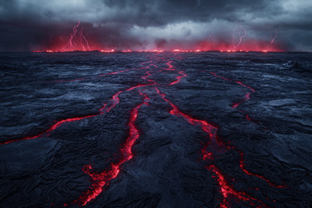 Dramatic volcanic eruption with lightning and molten lavaの素材