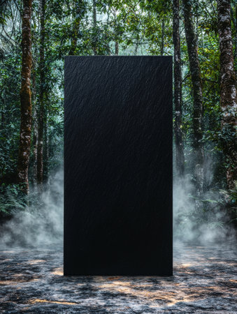 mysterious black monolith in misty forestの素材