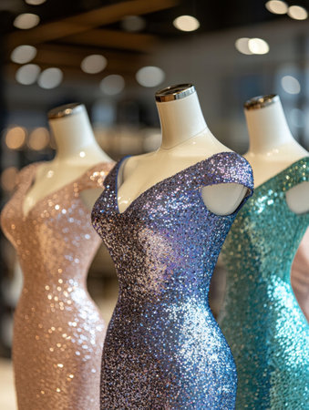 Sparkling evening gowns on displayの素材