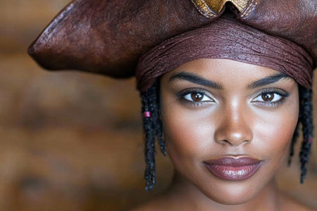 close-up portrait of a thoughtful woman in traditional headwearの素材