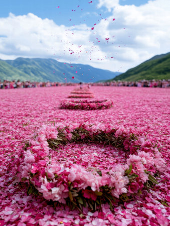 Stunning pink flower field with petals blowing in the windの素材
