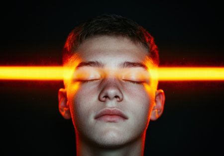 Intense light shines on man's faceの素材