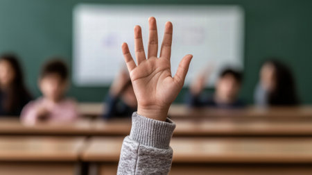 student raising hand in classroomの素材
