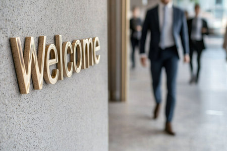 welcoming business entrance with people walking byの素材