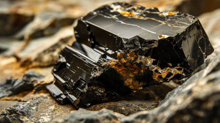 Closeup of a shiny black mineral crystalの素材