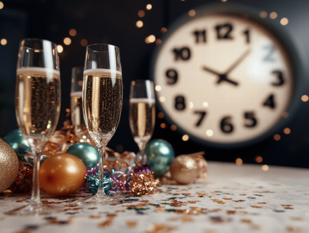 Champagne glasses and new year's decorations with clockの素材