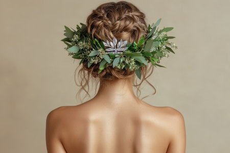 Back view of woman with braided hair and floral crownの素材