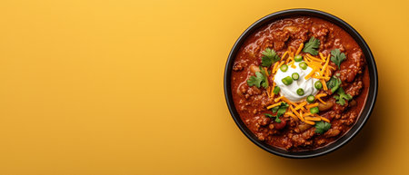 Close-up of a bowl of hearty chili topped with shredded cheese, sour cream, and cilantroの素材