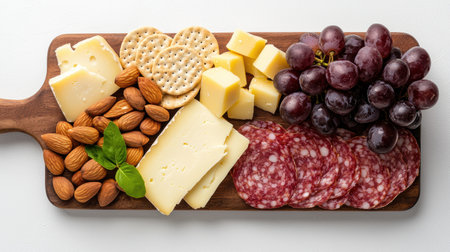 Gourmet cheese and charcuterie board with crackers, almonds, and grapesの素材