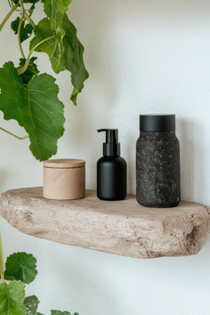 Minimalist bathroom shelf with natural wood and black containersの素材