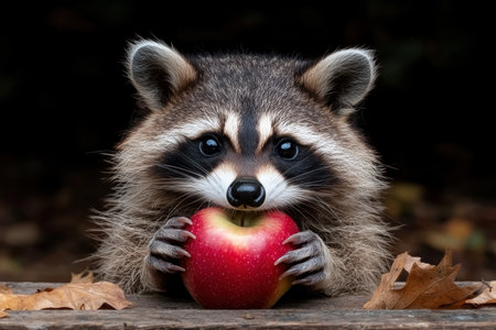 Adorable baby raccoon eating a red appleの素材