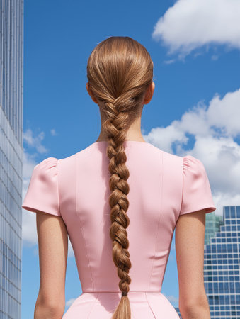 Woman with long braid in pink dress against city skylineの素材
