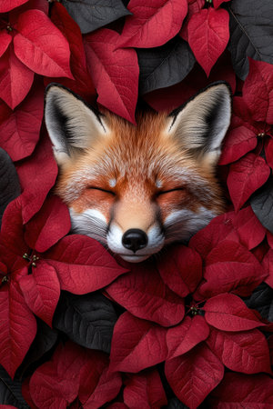 Red fox sleeping peacefully amongst vibrant poinsettia leaves.の素材