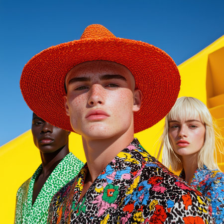 Trendy models posing against a bright yellow background, summer fashion shootの素材