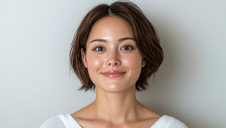 Portrait of a young woman with short brown hairの素材