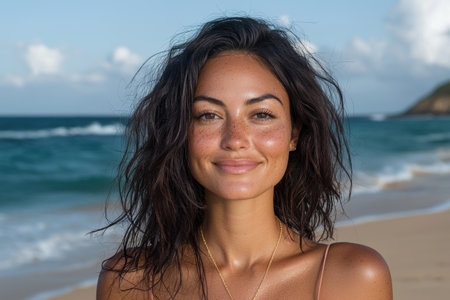 Happy woman smiling at the beachの素材