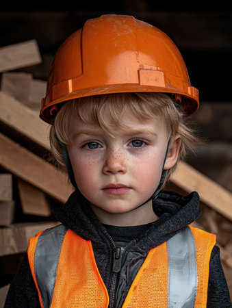 Adorable toddler in hard hat and safety vest, playing construction worker.の素材