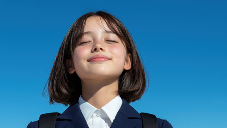 Happy schoolgirl enjoying the sunshine with eyes closedの素材