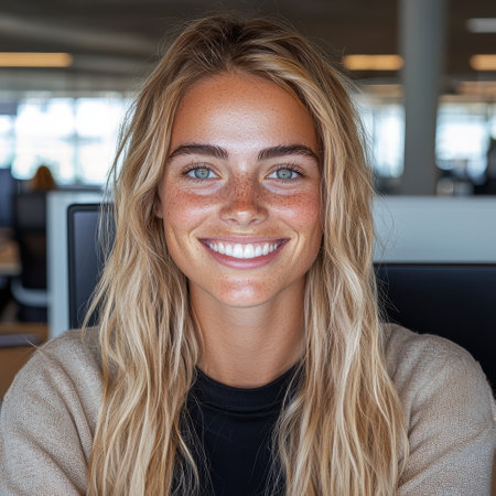 Smiling millennial woman in modern officeの素材