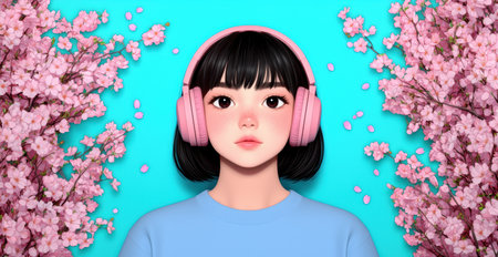 Anime girl listening to music with pink headphones surrounded by cherry blossomsの素材