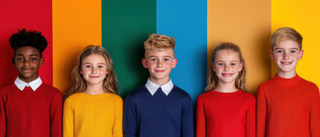 Diverse group of children smiling in colorful sweaters against a vibrant backgroundの素材