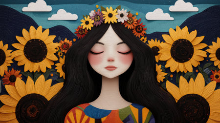Paper art of a serene woman surrounded by sunflowersの素材