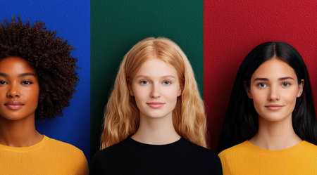 Three diverse young women posing against a colorful backgroundの素材