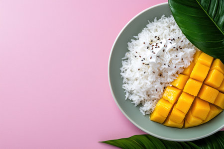 Delicious mango sticky rice with coconut milk and sesame seeds.の素材