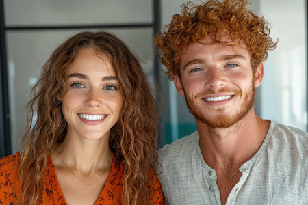 Happy young couple smiling at the cameraの素材
